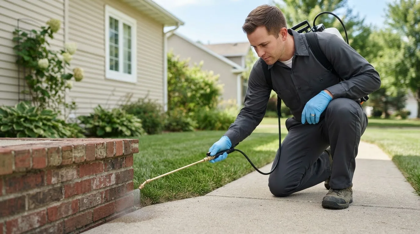 Pest control technician treating a home near Ringtown, PA